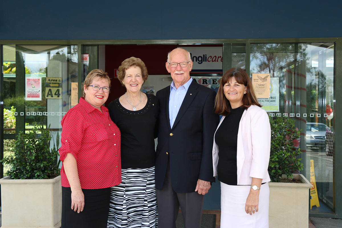 Symes Grove Manager Sharon, standing with former manager Royce and his wife and Anglicare's Executive Director Karen Crouch.