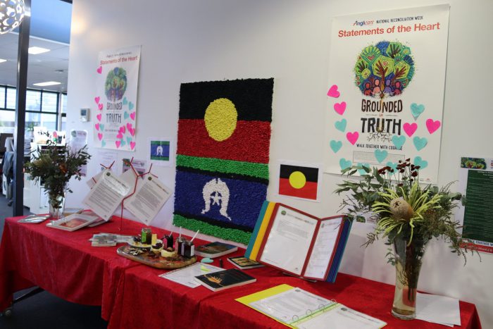 First Nations table with activities at Symes Grove for Reconciliation Week