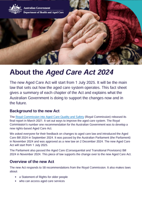 About the Aged Care Act 2024 plain language fact sheet