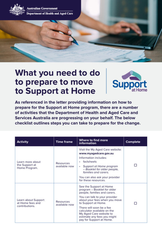 Checklist for HCP care recipients transitioning to Support at Home