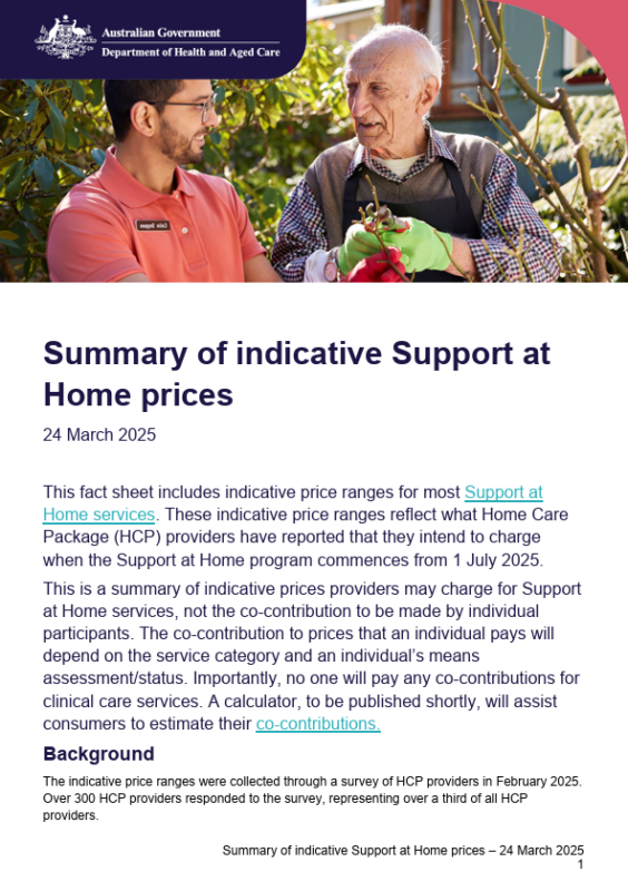 Summary of indicative Support at Home prices